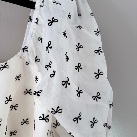 ARULA | White Black Bow Print Coquette Puff Sleeve Peplum Blouse Size X - Picture 3 of 8